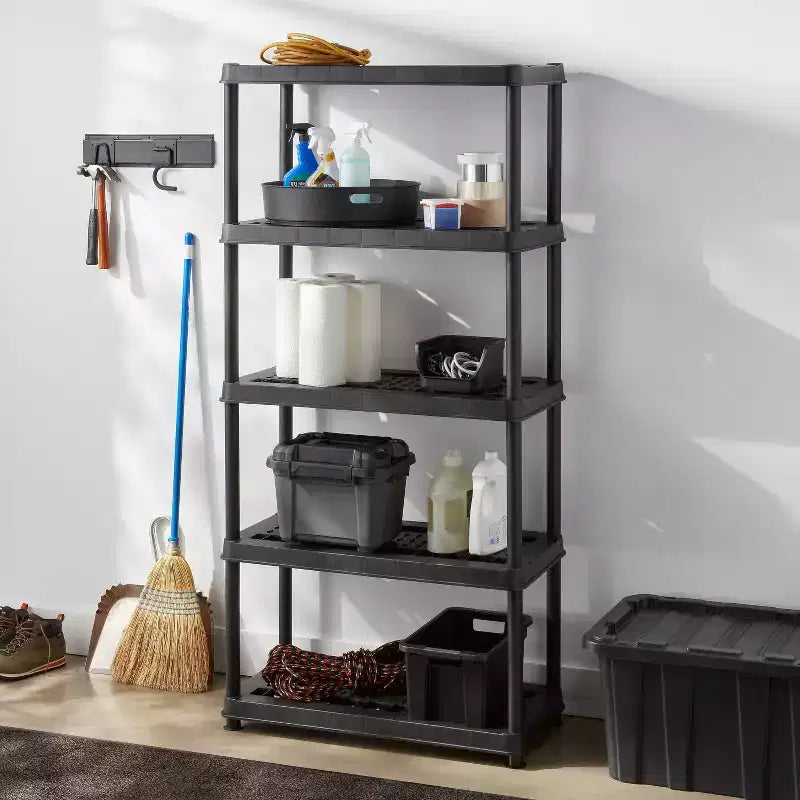 Scaffale in plastica a 5 ripiani nero: Scaffalatura multiuso, 5 ripiani aperti, capacità 68 kg, altezza 186.7 cm
