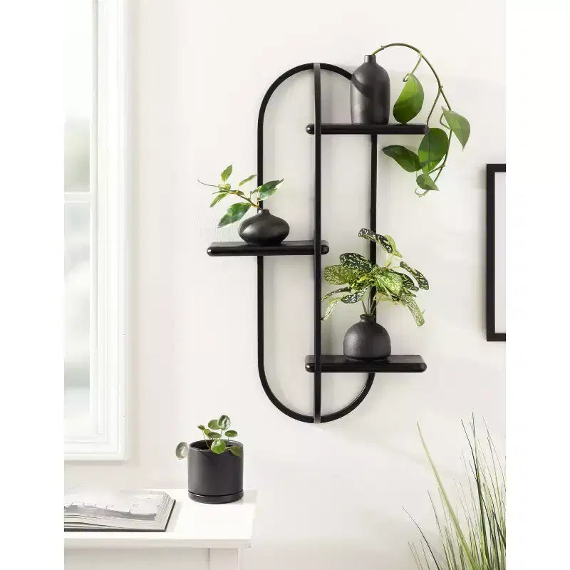 Mensola a muro Ramos in legno/metallo nera da 18"x6"x30": stile moderno e design a 3 ripiani