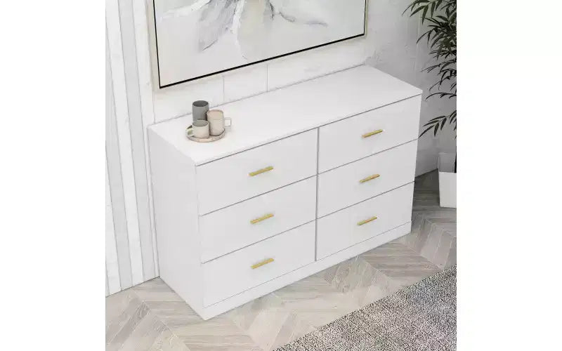 Comò doppio a 6 cassetti in legno, organizzatore di abbigliamento in legno ingegnerizzato con gambe robuste per soggiorno, corridoio, cameretta e camera da letto, bianco
