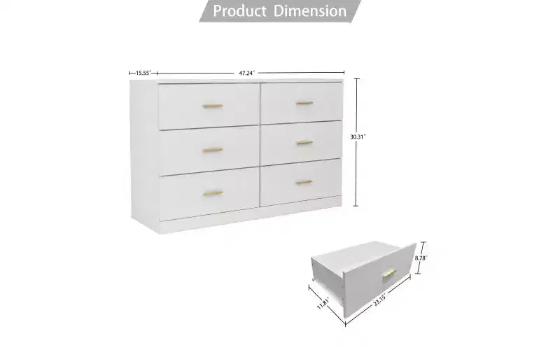 Comò doppio a 6 cassetti in legno, organizzatore di abbigliamento in legno ingegnerizzato con gambe robuste per soggiorno, corridoio, cameretta e camera da letto, bianco