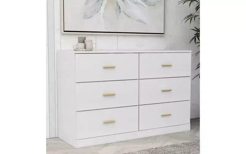 Comò doppio a 6 cassetti in legno, organizzatore di abbigliamento in legno ingegnerizzato con gambe robuste per soggiorno, corridoio, cameretta e camera da letto, bianco