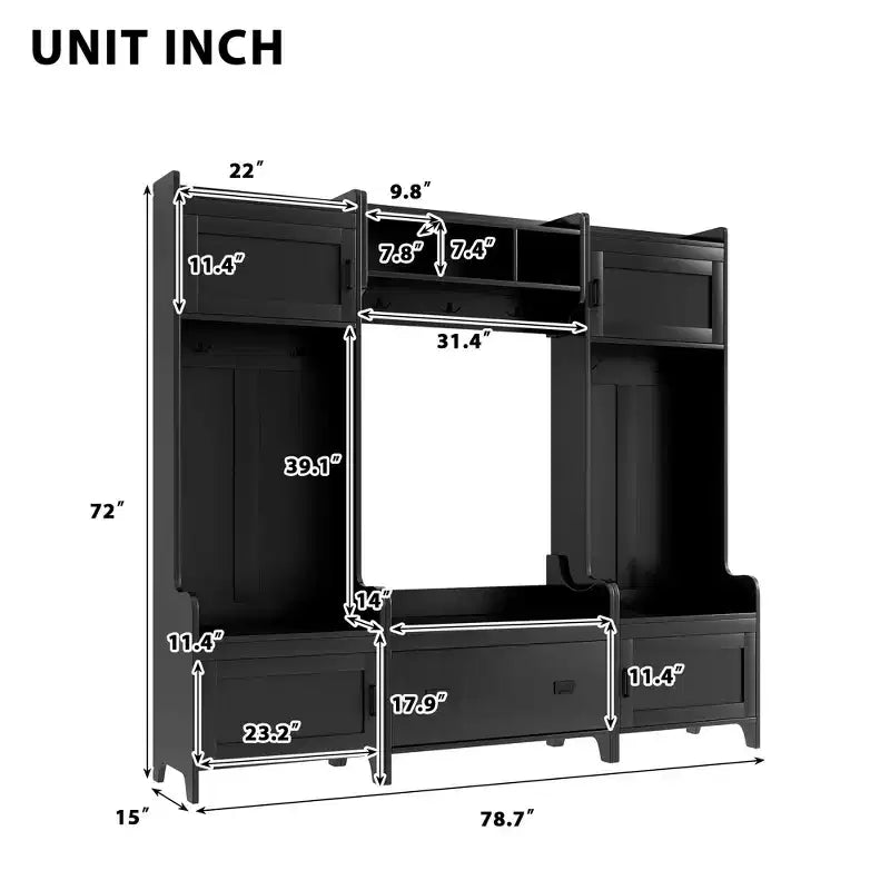 Albero appendiabiti moderno multifunzione con 7 ganci in metallo nero e ampio cassetto contenitore
