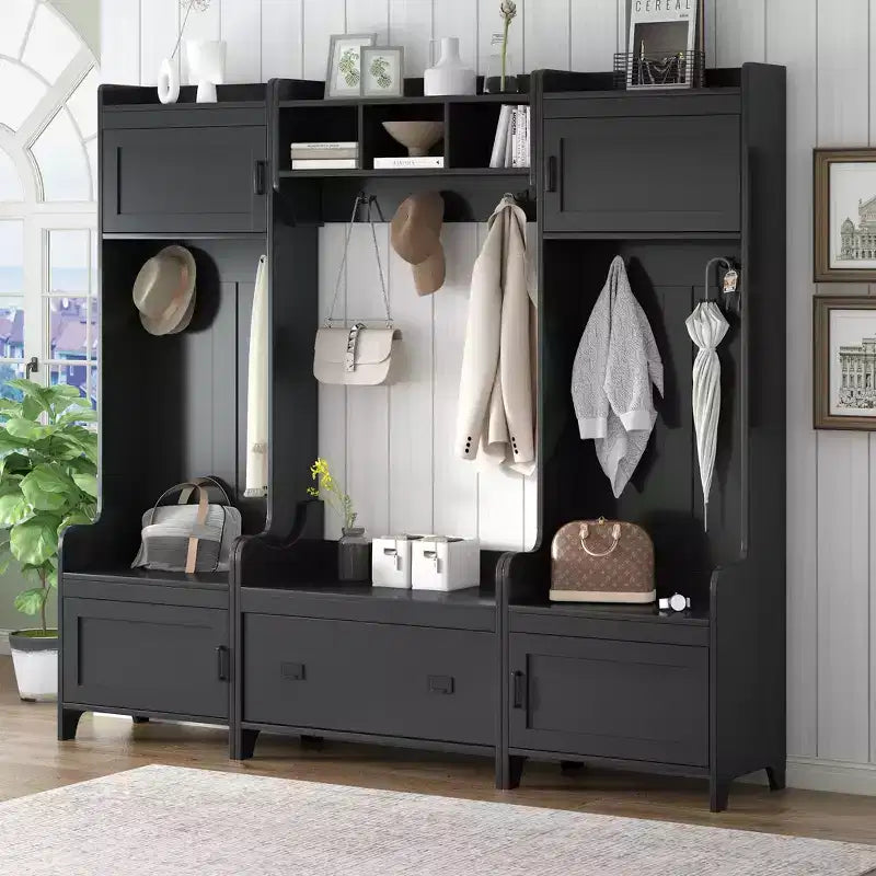 Albero appendiabiti moderno multifunzione con 7 ganci in metallo nero e ampio cassetto contenitore