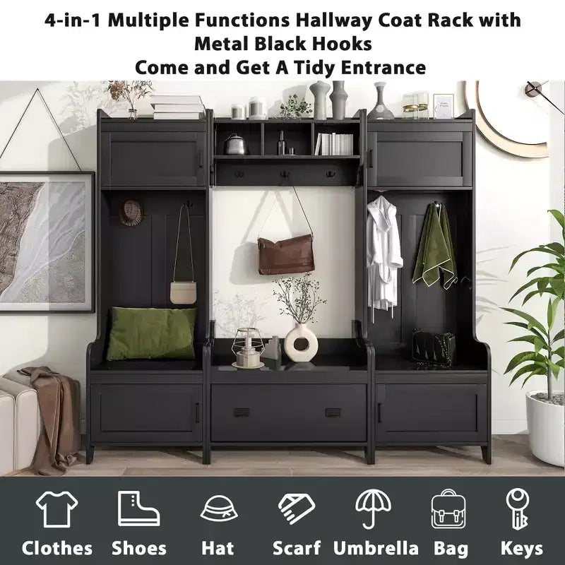 Albero appendiabiti moderno multifunzione con 7 ganci in metallo nero e ampio cassetto contenitore