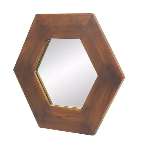 Specchio da Parete Esagonale 47 x 47 cm con Cornice in Legno Massello Marrone Scuro