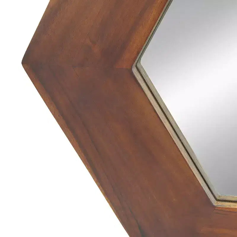 Specchio da Parete Esagonale 47 x 47 cm con Cornice in Legno Massello Marrone Scuro