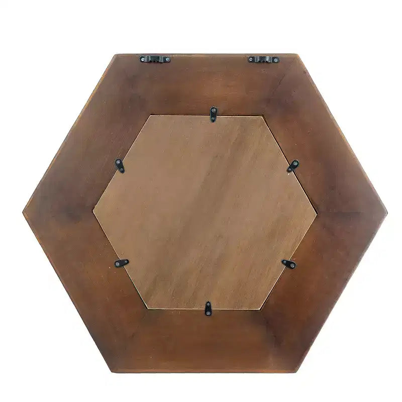 Specchio da Parete Esagonale 47 x 47 cm con Cornice in Legno Massello Marrone Scuro