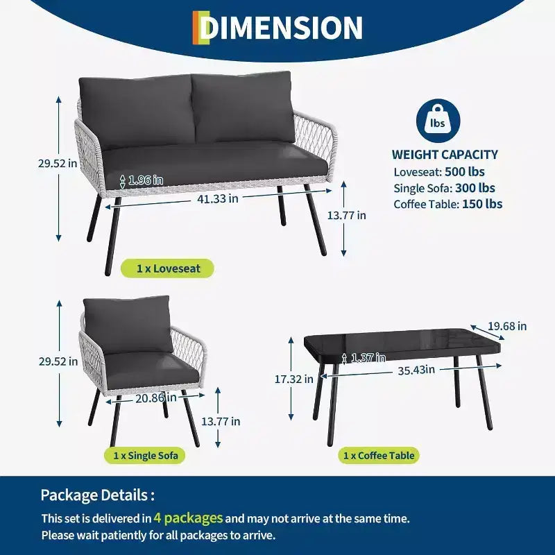 Set Mobili da Giardino per Patio, Mobili in Vimini per Esterni Resistenti alle Intemperie con Tavolino da Caffè, Set Salotto da Esterno con Cuscini per Balcone, Giardino (4 Pezzi)