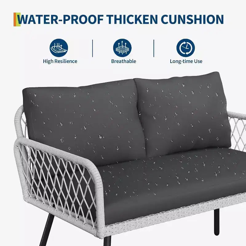 Set Mobili da Giardino per Patio, Mobili in Vimini per Esterni Resistenti alle Intemperie con Tavolino da Caffè, Set Salotto da Esterno con Cuscini per Balcone, Giardino (4 Pezzi)