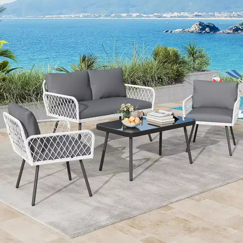 Set Mobili da Giardino per Patio, Mobili in Vimini per Esterni Resistenti alle Intemperie con Tavolino da Caffè, Set Salotto da Esterno con Cuscini per Balcone, Giardino (4 Pezzi)