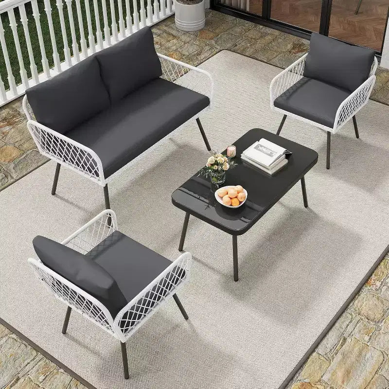 Set Mobili da Giardino per Patio, Mobili in Vimini per Esterni Resistenti alle Intemperie con Tavolino da Caffè, Set Salotto da Esterno con Cuscini per Balcone, Giardino (4 Pezzi)