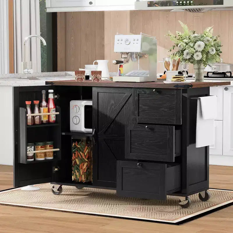 Isola da Cucina, Carrello da 54,5" su Ruote, Isola Contenitore con Piano di Lavoro a Ribalta, Portaspezie, 3 Cassetti e 2 Ante, Carrello con Ruote