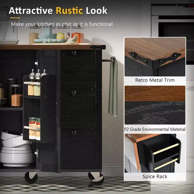 Isola da Cucina, Carrello da 54,5" su Ruote, Isola Contenitore con Piano di Lavoro a Ribalta, Portaspezie, 3 Cassetti e 2 Ante, Carrello con Ruote