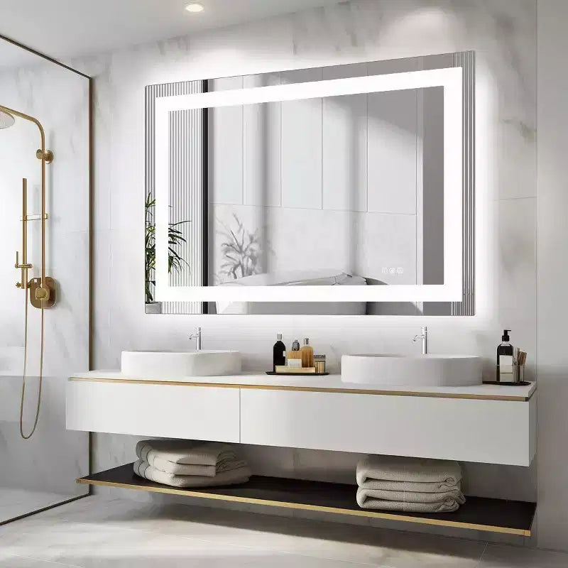 Okak Modern Anti-fog Glass Bathroom Mirror with Dual Light Source & Three Dimmable Modes,Wall Mirror Vanity Mirror for Bathroom
