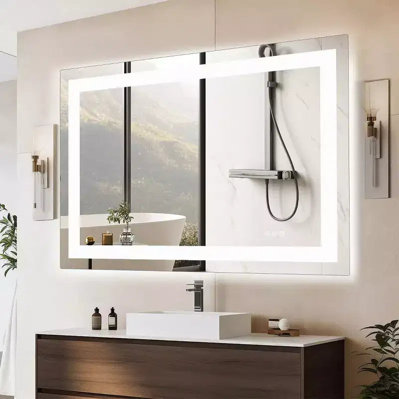 Specchio da bagno moderno in vetro anti-appannamento con doppia sorgente luminosa e tre modalità dimmerabili, specchio da parete per bagno/vanità