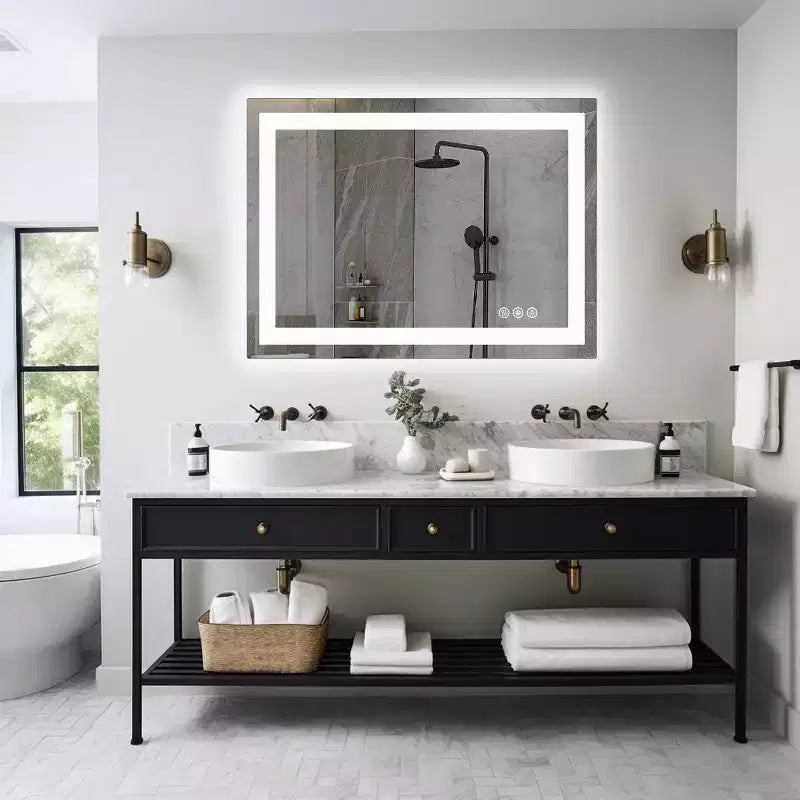 Specchio da bagno moderno in vetro anti-appannamento con doppia sorgente luminosa e tre modalità dimmerabili, specchio da parete per bagno/vanità
