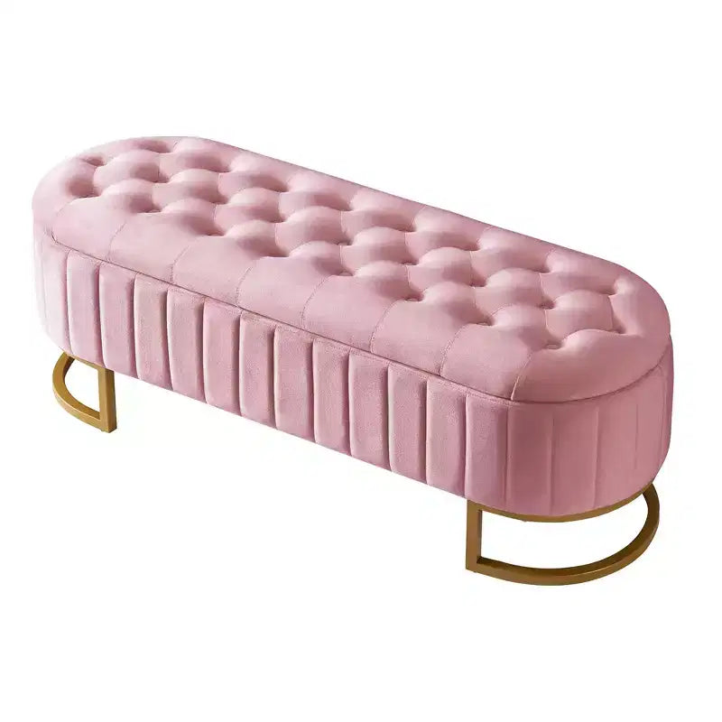 Panca contenitore moderna con sedile imbottito in velluto capitonné, sgabello da trucco con gambe in metallo elegante, panca da fondo letto per soggiorno, camera da letto