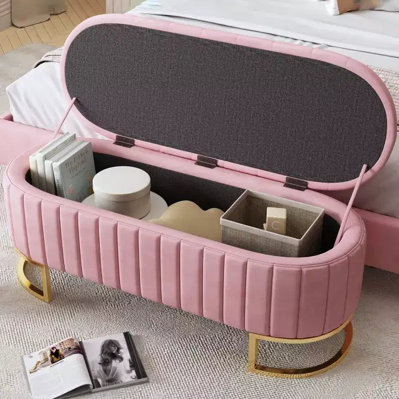 Panca contenitore moderna con sedile imbottito in velluto capitonné, sgabello da trucco con gambe in metallo elegante, panca da fondo letto per soggiorno, camera da letto