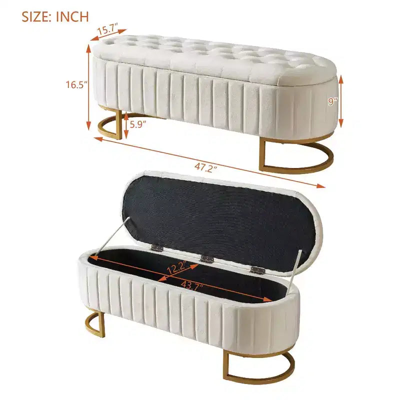 Panca contenitore moderna con sedile imbottito in velluto capitonné, sgabello da trucco con gambe in metallo elegante, panca da fondo letto per soggiorno, camera da letto
