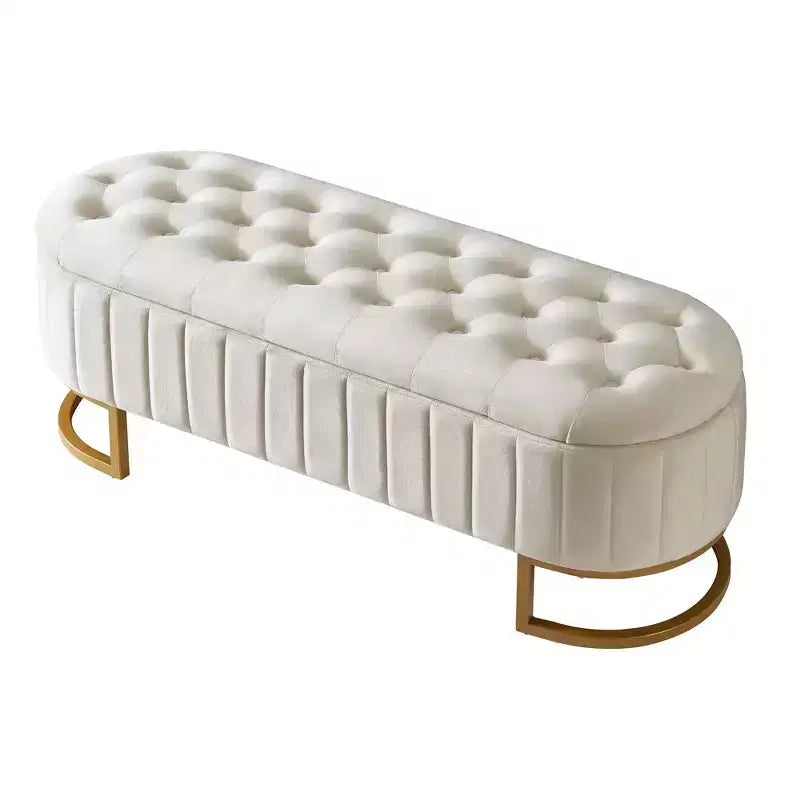 Panca contenitore moderna con sedile imbottito in velluto capitonné, sgabello da trucco con gambe in metallo elegante, panca da fondo letto per soggiorno, camera da letto