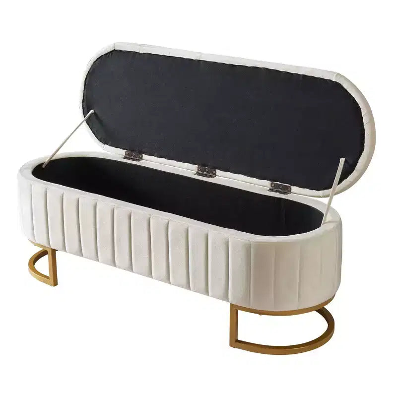 Panca contenitore moderna con sedile imbottito in velluto capitonné, sgabello da trucco con gambe in metallo elegante, panca da fondo letto per soggiorno, camera da letto