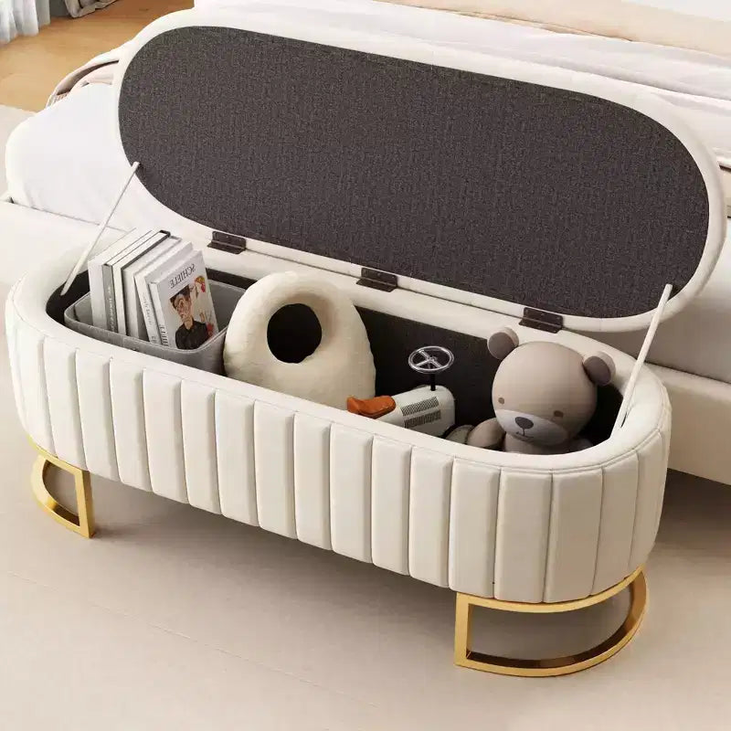 Panca contenitore moderna con sedile imbottito in velluto capitonné, sgabello da trucco con gambe in metallo elegante, panca da fondo letto per soggiorno, camera da letto