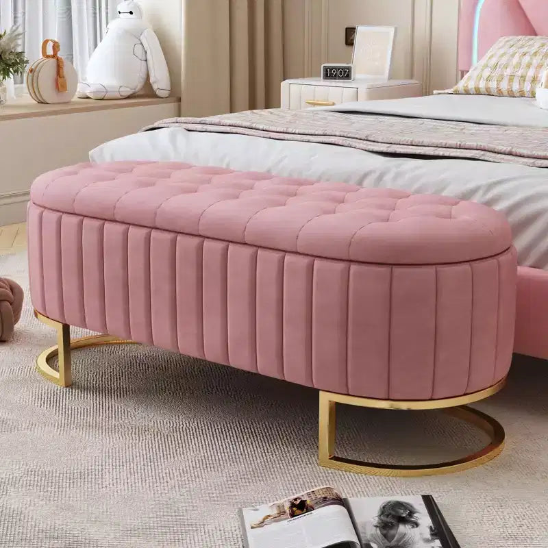 Panca contenitore moderna con sedile imbottito in velluto capitonné, sgabello da trucco con gambe in metallo elegante, panca da fondo letto per soggiorno, camera da letto