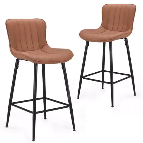 HomeRoots Set of Two 27 Brown and Black Faux Leather and Metal Low Back Counter Height Bar Chairs