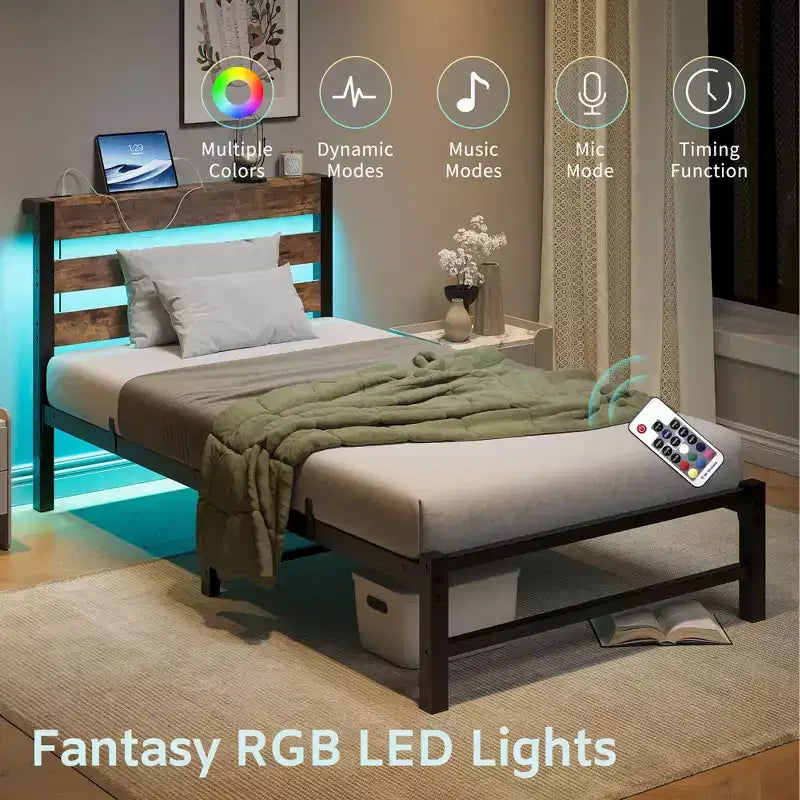 Struttura Letto a Piattaforma Matrimoniale con Luci LED RGB, Stazione di Ricarica USB, Resistente, Non Richiede Rete a Molle
