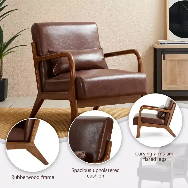 Poltrona in similpelle stile Mid-Century Modern, struttura in legno di gomma color noce, caffè: Bassa, rivestimento in PU