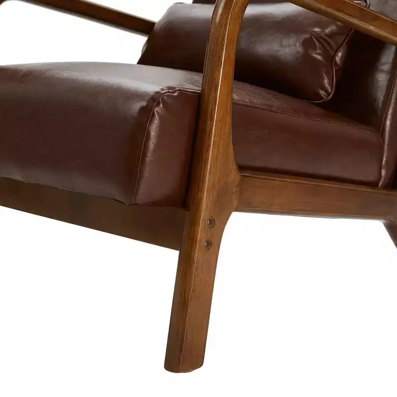 Poltrona in similpelle stile Mid-Century Modern, struttura in legno di gomma color noce, caffè: Bassa, rivestimento in PU