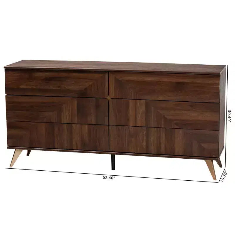 Cassettiera a 6 cassetti Graceland Wood Noce Marrone/Oro: Mobile contenitore di metà secolo, Gambe angolate