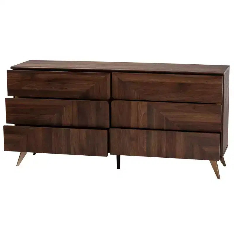 Cassettiera a 6 cassetti Graceland Wood Noce Marrone/Oro: Mobile contenitore di metà secolo, Gambe angolate