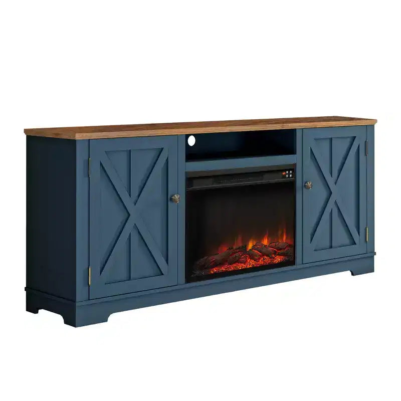 Mobile TV da 70" stile rustico per TV fino a 75" con camino elettrico blu navy: Mobile per l'intrattenimento, Console multimediale