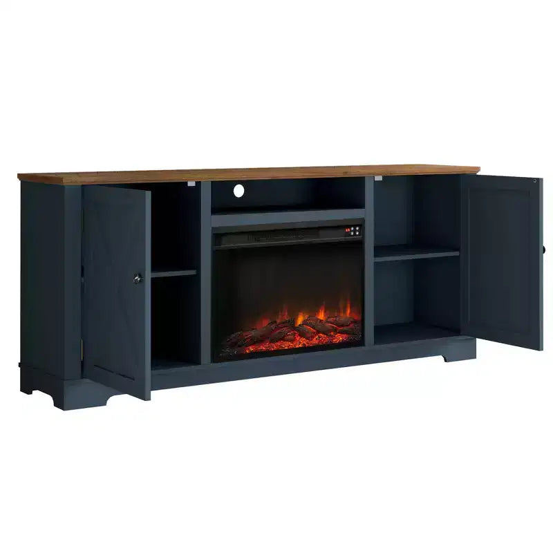 Mobile TV da 70" stile rustico per TV fino a 75" con camino elettrico blu navy: Mobile per l'intrattenimento, Console multimediale