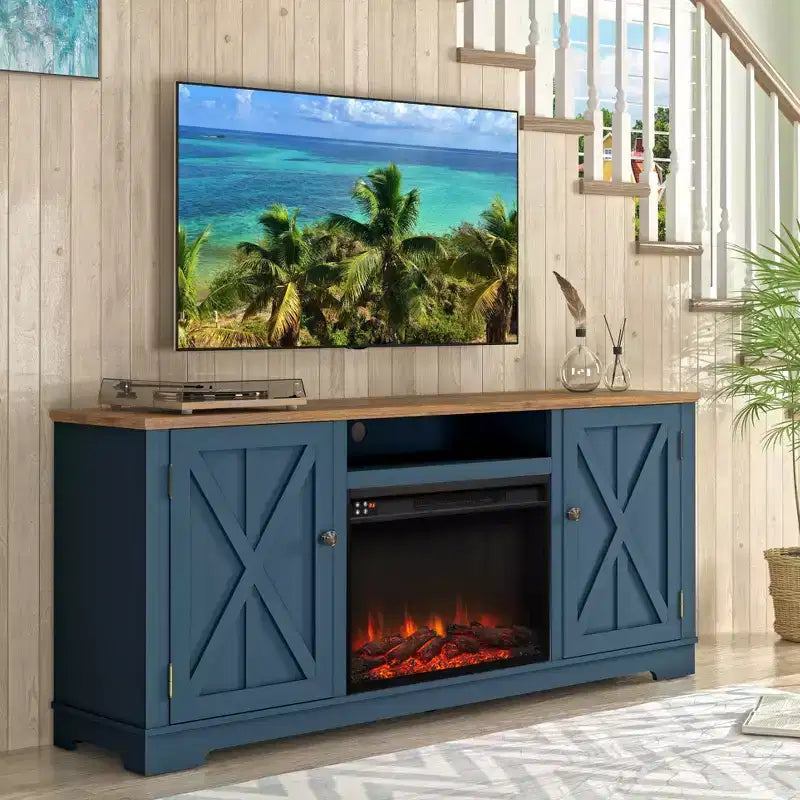 Mobile TV da 70" stile rustico per TV fino a 75" con camino elettrico blu navy: Mobile per l'intrattenimento, Console multimediale