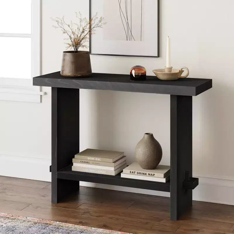 Tavolo consolle da divano in rovere nero riciclato: ingresso stretto da 101,6 cm, superficie impiallacciata rustica