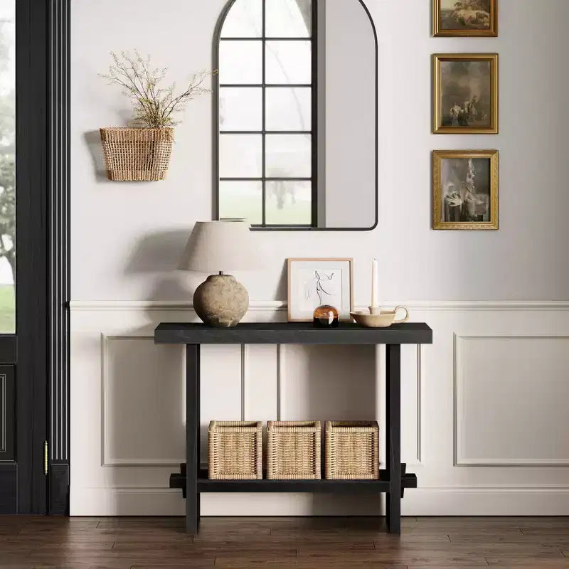 Tavolo consolle da divano in rovere nero riciclato: ingresso stretto da 101,6 cm, superficie impiallacciata rustica