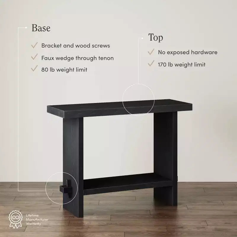 Tavolo consolle da divano in rovere nero riciclato: ingresso stretto da 101,6 cm, superficie impiallacciata rustica