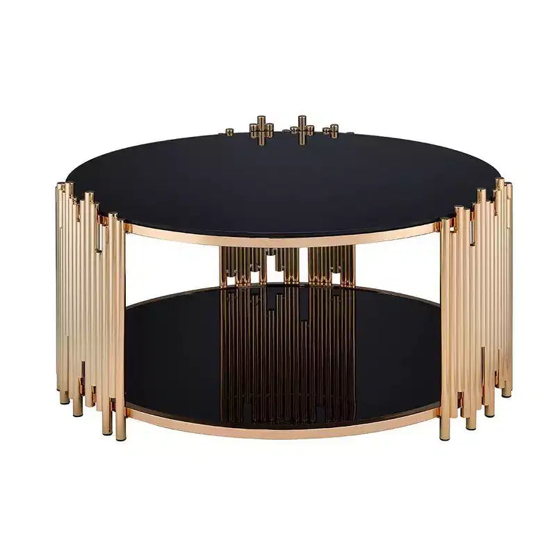 37" Tanquin Coffee Table Black Glass and Gold Finish - Acme Furniture: Round Pedestal, Tempered Glass, Open Shelf