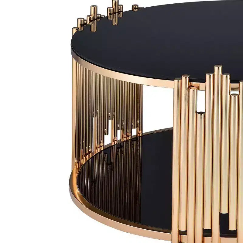 Tavolino Tanquin 37" con ripiano in vetro temperato nero e finitura oro: Base a piedistallo rotonda, vetro temperato, ripiano a giorno