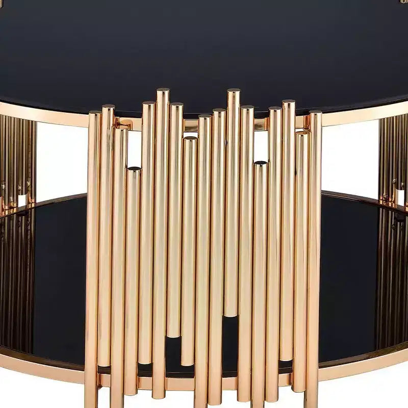 Tavolino Tanquin 37" con ripiano in vetro temperato nero e finitura oro: Base a piedistallo rotonda, vetro temperato, ripiano a giorno