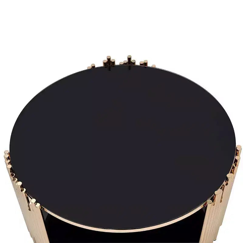 Tavolino Tanquin 37" con ripiano in vetro temperato nero e finitura oro: Base a piedistallo rotonda, vetro temperato, ripiano a giorno