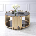 Tavolino Tanquin 37" con ripiano in vetro temperato nero e finitura oro: Base a piedistallo rotonda, vetro temperato, ripiano a giorno