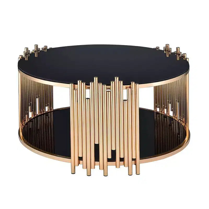 Tavolino Tanquin 37" con ripiano in vetro temperato nero e finitura oro: Base a piedistallo rotonda, vetro temperato, ripiano a giorno