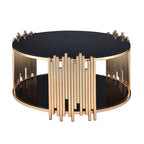 Tavolino Tanquin 37" con ripiano in vetro temperato nero e finitura oro: Base a piedistallo rotonda, vetro temperato, ripiano a giorno