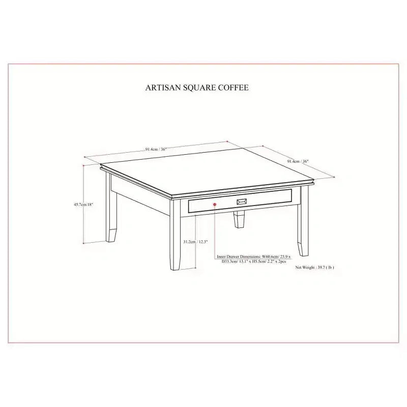 Tavolino da Caffè Stratford Square Marrone Rossiccio: Legno Composito Transizionale, Cassetti Contenitori, 91 cm Quadrati