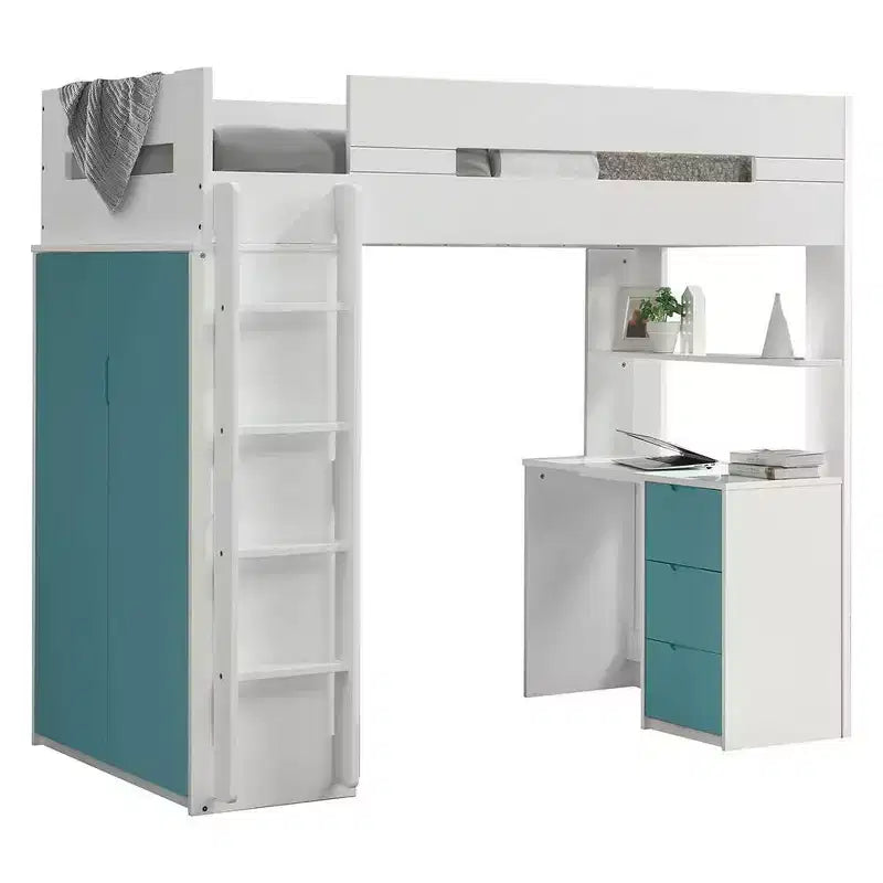 Acme Furniture 78"Loft Bed Nerice Loft and Bunk Bed White & Teal: Twin Over Twin, Wood Frame, No Tools Assembly