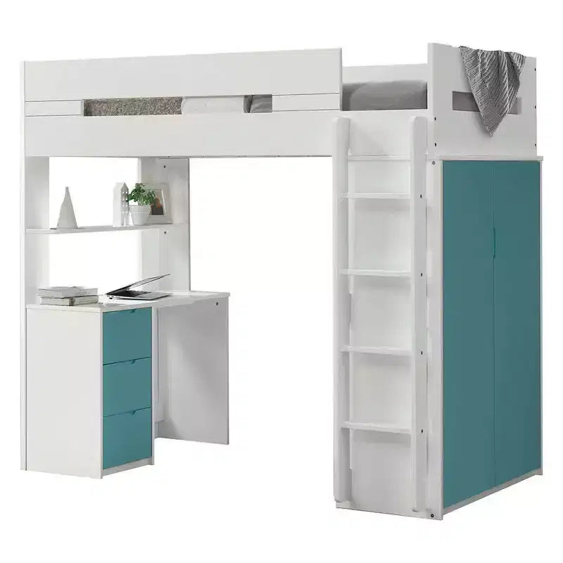 78" Letto a soppalco e a castello Nerice bianco e verde acqua: singolo su singolo, struttura in legno, montaggio senza attrezzi