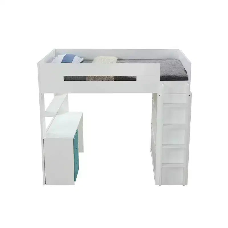 78" Letto a soppalco e a castello Nerice bianco e verde acqua: singolo su singolo, struttura in legno, montaggio senza attrezzi